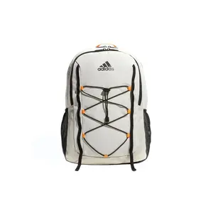 Adidas Logo-Print Backpack with Adjustable Drawstring and Patchwork Design. Large Capacity Polyester Backpack for Men and Women. Beige Color.
