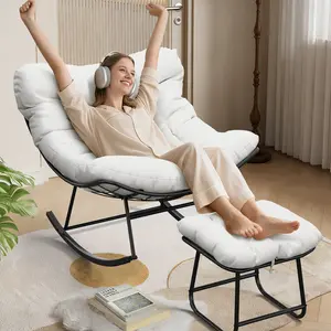 Oversized Papasan Rocking Chair with Footrest – Outdoor Rattan Egg Lounge Chair with Ottoman, Sturdy Metal Frame – Patio Rocker for Backyard, Balcony, Porch, Bedroom