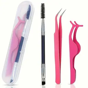 3-Piece Eyelash Tweezer Set, Makeup Dual-Ended Brow Brush & Lash Curler, Sharp Tip Tweezers, False Lash Helper, Easy to Use, Eyebrow Grooming Kit