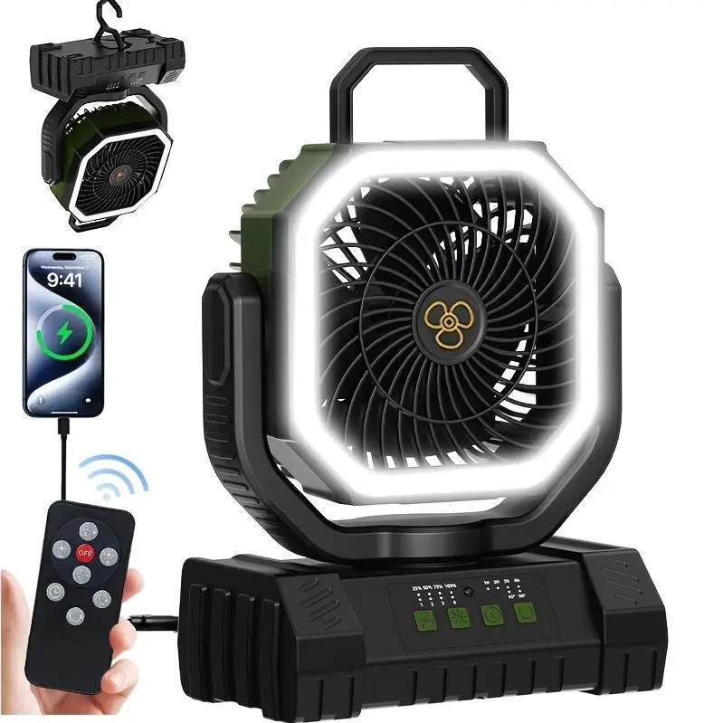 20000mAh Battery Powered Camping Fan - 59H Max Cooling, Rechargeable Battery Operated Oscillating Floor Fan with Charger, Remote & Hook, 4 Speed Strong Airflow & 3 Brightness Levels, Portable for Tent Outdoor Patio Garage Hurricane Power Outage