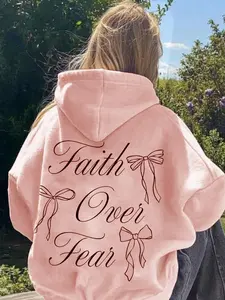 Women's Letter & Bow Print Hoodie, Casual Long Sleeve Hooded Sweatshirt for Spring & Fall, Fashion Women's Clothes for Daily Wear, Casual Fitted Pullover