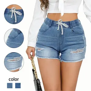 Women's Mid-Rise Distressed Denim Shorts with Adjustable Drawstring Waist | Ripped Summer Casual Jean Shorts for Women