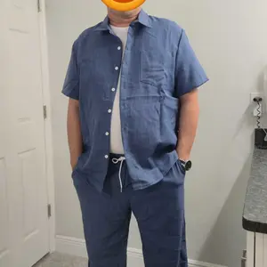 Men's Solid Button Shirt & Drawstring Waist Pants Loungewear, Loose Casual Comfy Short Sleeve Collared Top & Trousers Pj Set, Men's Sleepwear for Summer