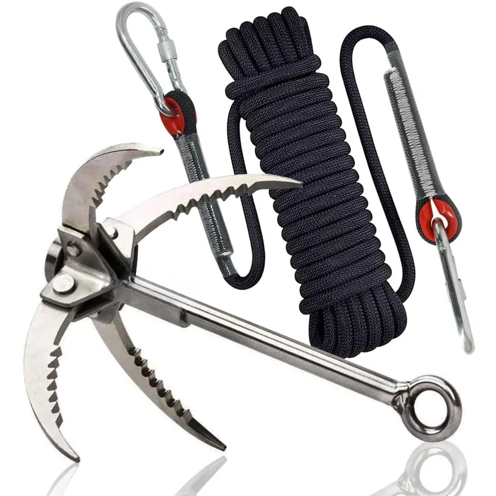 Grappling Hook with 10m Rope - 4 Stainless Steel Folding Claws - Heavy Duty for Outdoor Camping & Hiking - Ideal for Tree Rock Climbing