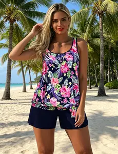 Swimsuit for Women, Two-Piece Tropical Print Tankini Set for Plus Sizes Featuring a Cross-Front Chest Design, Chic, Straightforward, Fashionable, And Modern for Women