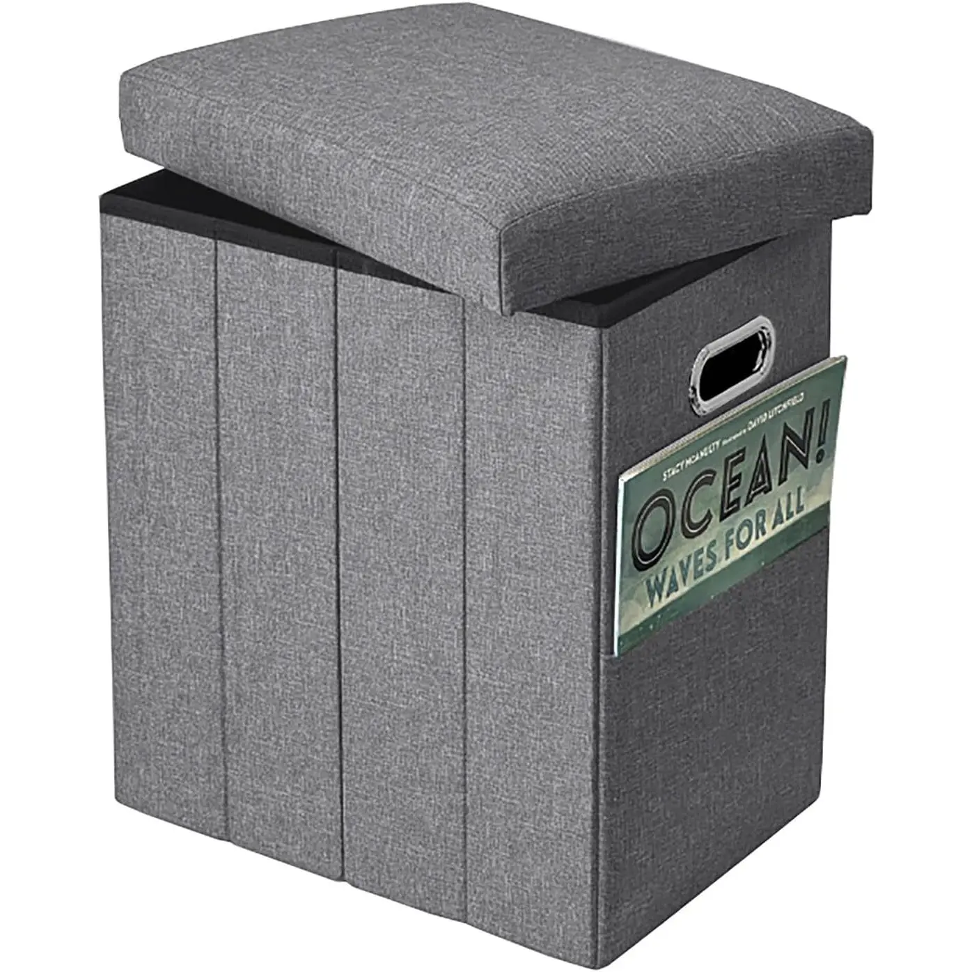 Tall Ottoman with Storage Collapsible Fabric Small Slim Folding Ottoman Furniture with Handles Lid for Room Footrest Foot Stool Linen Grey 16.5x16.5x11.8in