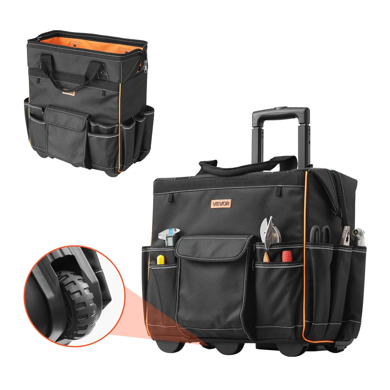 VEVOR Heavy-Duty Rolling Tool Bag with Wheels, 110 lbs Load Capacity, 25 Utility Pockets, Adjustable Telescopic Handle, Reinforced Bottom Tool Storage for Construction Professionals