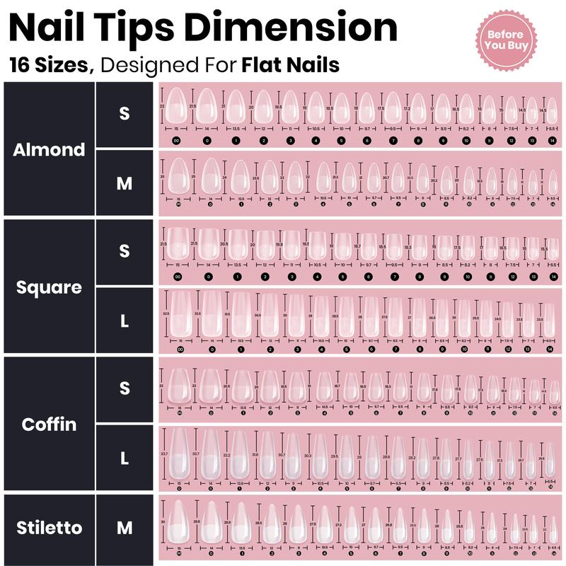 Beetles Tipex Lite Nail Tips Kit –  Square Stiletto Almond Coffin, 256 PCS in 16 Sizes | Pre-Etched, Thick Full Cover Acrylic Tips with Nail Glue, Base & Top Coat, Nail Prep Kit, Mini UV Lamp Manicure Art DIY Gift for Women