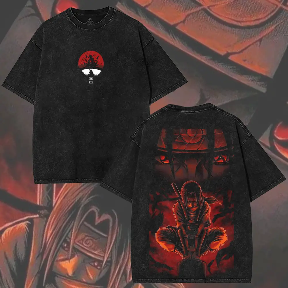 Retro Limited Itachi Sharingan Uchiha Washed Tee, Naruto Anime Oversized Print Acid Wash Graphic T-Shirt, Y2K Streetwear Gift For Fan Manga Lover Otaku Merch
