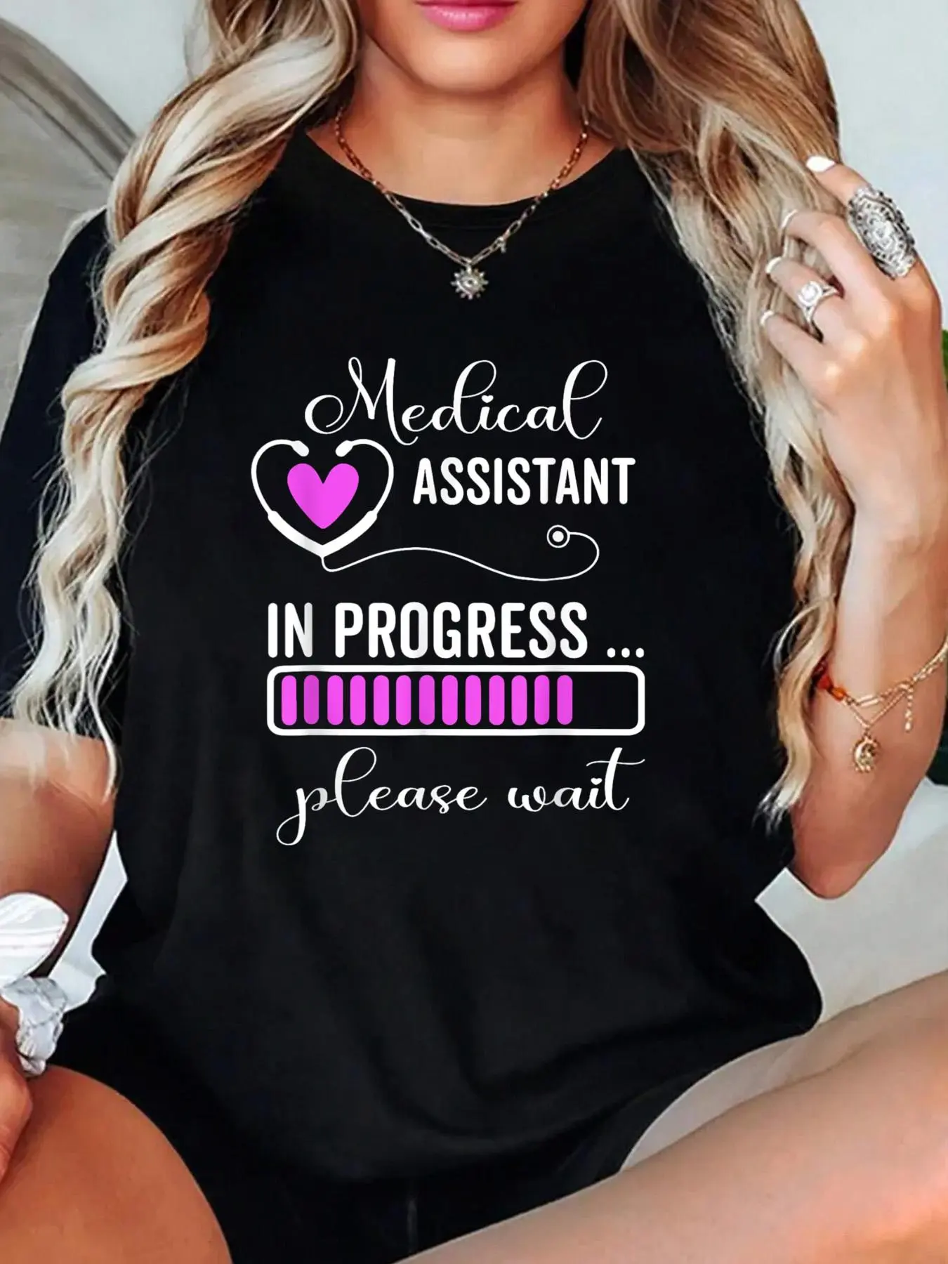 Medical Assistant In Progress Funny Future Medical Assistant T-Shirt Crew Neck T Shirt For Summer, Women's Soft Short Sleeve Top, Stylish Comfy Tee For Women Graphic Tees