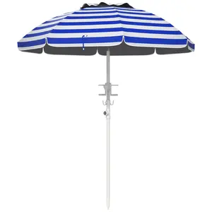 Outsunny 5.7' Portable Beach Umbrella with Tilt, Adjustable Height, 2 Cup Holders & Hooks, UV 40+ Ruffled Outdoor Umbrella with Vented Canopy, Blue White Stripe