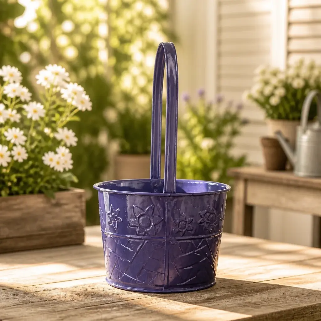Purple Floral Design Bucket with Handle for Gardening and Outdoor Use