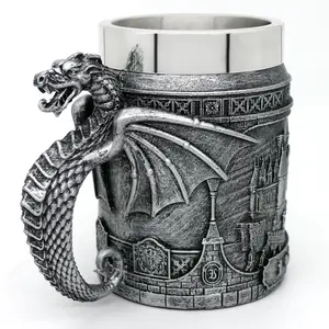 Medieval Castle Dragon Funny Coffee Mug - Dungeons and Dragons Gifts 21oz Stainless GOT Dragon Game Cup of Thrones Vintage Beer Mugs Steins Tankard Dragon Themed Party Decoration Unique Mugs Coffeemugs Collection Resin Embossed Pretty Viking Epic Mug