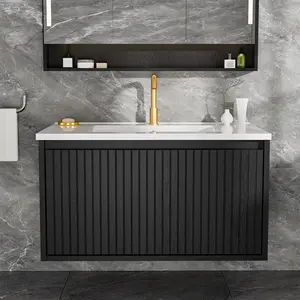 30 Inch Bathroom Vanity Cabinet With Ceramic Sink - Wall Mounted Floating Fluted Vanity With Drawers, Modern