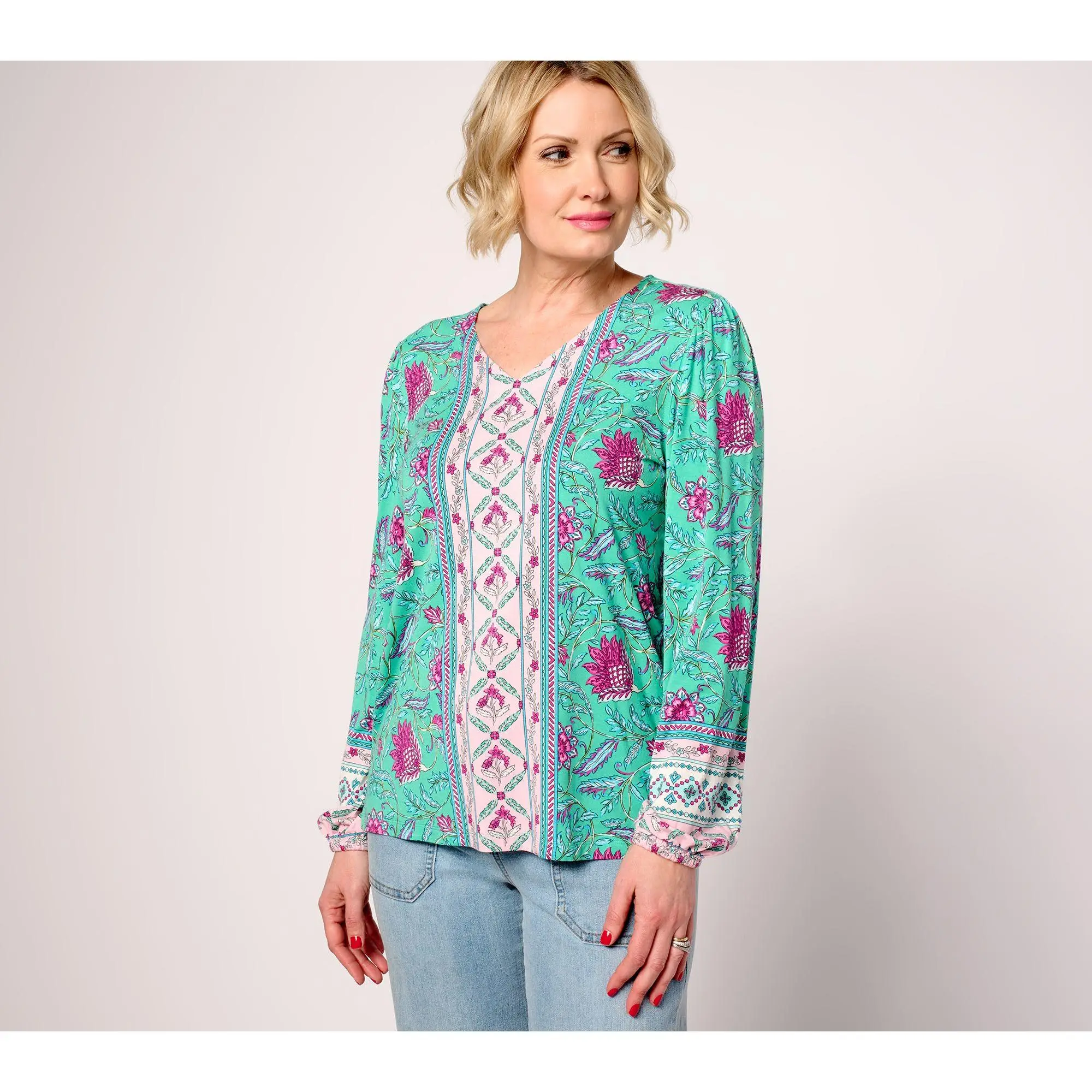Belle Boho by Kim Gravel Rayon Spandex Exotique Border Knit Blouse