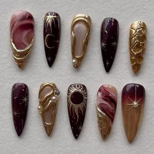 30pcs Handmade Almond Shape Nail Art, Star Moon Leopard Pattern, 3D Embossed Ice Clear French Luxury Wearable Nails, Elegant Design, Handmade Press Ons