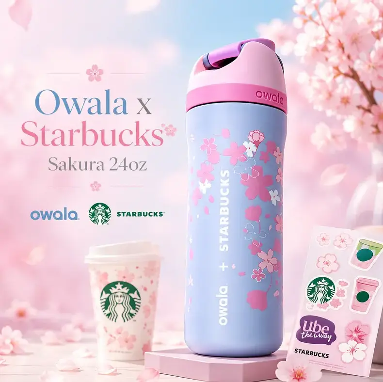 Owala Sakura x Starbucks FreeSip 24oz Water Bottle Limited Edition Cherry Blossom Leakproof Travel Bottle Gift for Her
