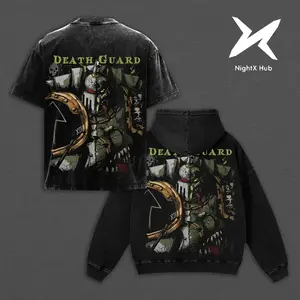 Warhammer 40K Death Guard Oversized T-Shirt / Hoodie | Dual-Sided Nurgle Design: Grimdark Chaos Marine Back Print & Cute Chibi Nurglings Front Hit | Traitor Legion Fandom Apparel.
