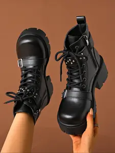 Classic platform ankle boots for women, studded buckle decoration, combat boots, four season zipper short boots, British boots, thick heels, punk high heels, motorcycle boots