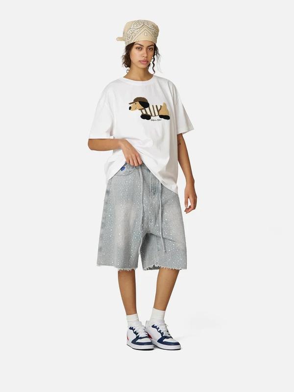 Aelfric Eden Rhinestone Application Loose Jorts Casual Soft Denim Jorts Wide Leg Streetwear Trendy Bottoms Baggy Jorts Summer Baggy Denim Shorts Wide Leg Loose Fit