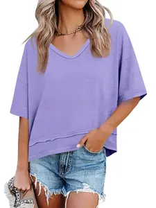 Women's V Neck T Shirts Casual Short Sleeve Drop Shoulder Tops Loose Fit Layered Hem Basic Summer Tees