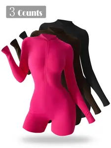 Women's Solid Zip Up Romper, Casual Comfy Long Sleeve Short Jumpsuit for Yoga Gym Workout, Ladies Sportswear for All Seasons