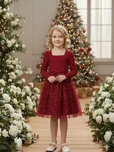 Sparkling Red Girls' Christmas Dress Elegant Sequin Tulle Party Gown for Kids 4-7 Year Old Girl Princess Long Sleeve Ruffle Midi Dress Festive Children's Clothing & Gifts Perfect for Xmas Photoshoots Celebrations