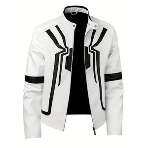 Men'S Color-Blocked Spider Pattern Stylish Faux PU Jacket with Multiple Pockets, Featuring a Trendy Street Style Classic Pilot Motorcycle Design.