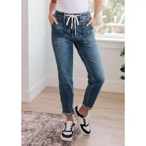 Judy Blue High Waist Payton Denim Joggers Drawstring Button Zip Style 88779, Medium Wash, Elastic Waistband 4-Way Stretch Women's Bottoms