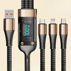 3 In 1 100W Fast Charging Data Cable, Type-C USB Micro Data Cable With Digital Display, Compatible with iPhone Samsung OPPO, Tablet & Computer Accessories