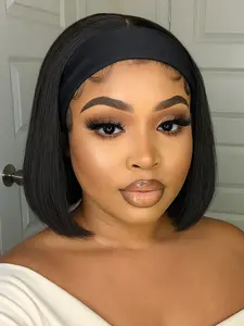 Bob Headband Wigs Short Straight Hair, 10 Inch Black Wear and Go Glueless Wig, Synthetic Wig with Headband for All Seasons, Machine Made Wigs
