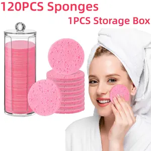 120PCS Compressed Facial Sponges Disposable Face Sponges Soft Pads with Container for Washing Face Cleansing Exfoliating Esthetician Makeup Removal Travel Skincare Gentle Comfort Cleanser Oil