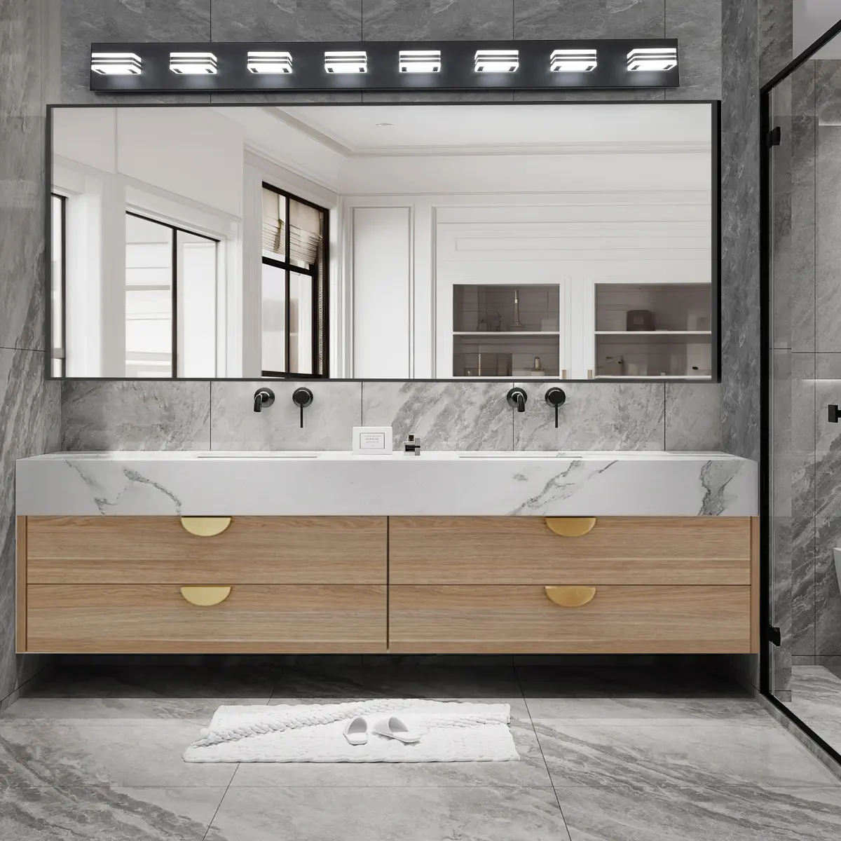 52" Modern 8-Light LED Vanity Light - Sleek Bathroom Wall Fixture, Iron & Acrylic, Dimmable & Energy-Efficient for Bathroom, Mior Lighting