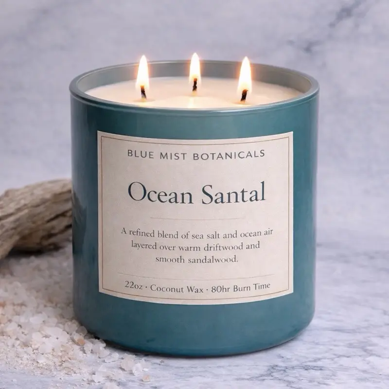 Blue Mist Botanicals Ocean Santal 22oz Coconut Wax Candle with Sea Salt & Ocean Air Aroma 80hr Burn Time