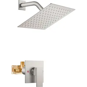 Shower Faucet Set Bathroom Rain Shower System SUS304 Stainless Steel Single Handle With Male Threads Rough-in Valve Shower Trim Kit 8 Inch Wall Mount Shower  Brushed Nickel