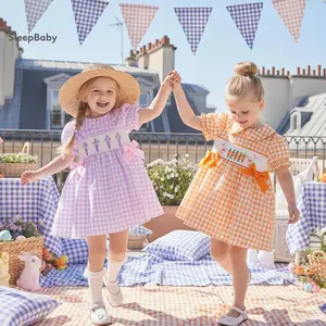 Toddler Baby Girls Dress Easter Clothes Cross Spring Summer Bunny Rabbit Embroidered Plaid Doll Collar Puff Short Sleeve Casual Dress Toddler Fashion Princess Dress