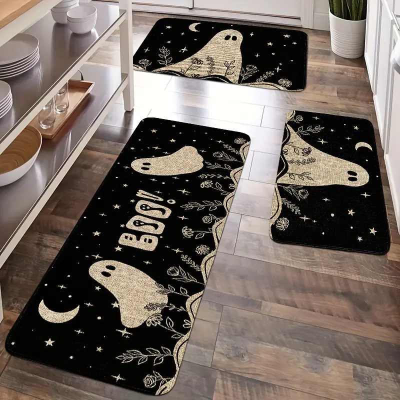 Halloween Theme Non-Slip Rectangle Bath Mat Set - Soft Flannel Top, Soft Polyester Build, Stain Resistant, 17.71x47.24in (45x120cm), Machine Washable, Indoor Shower/Bathroom/Kitchen Decor, Ideal Gift Option