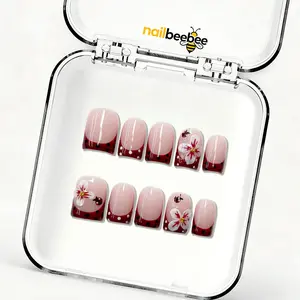 10PCS 1 Inch Short Square Acrylic Press On Nails, Red French Tip Fake Nails with Cherry Blossom & Ladybug, Reusable Glue On Nails for Women Girls