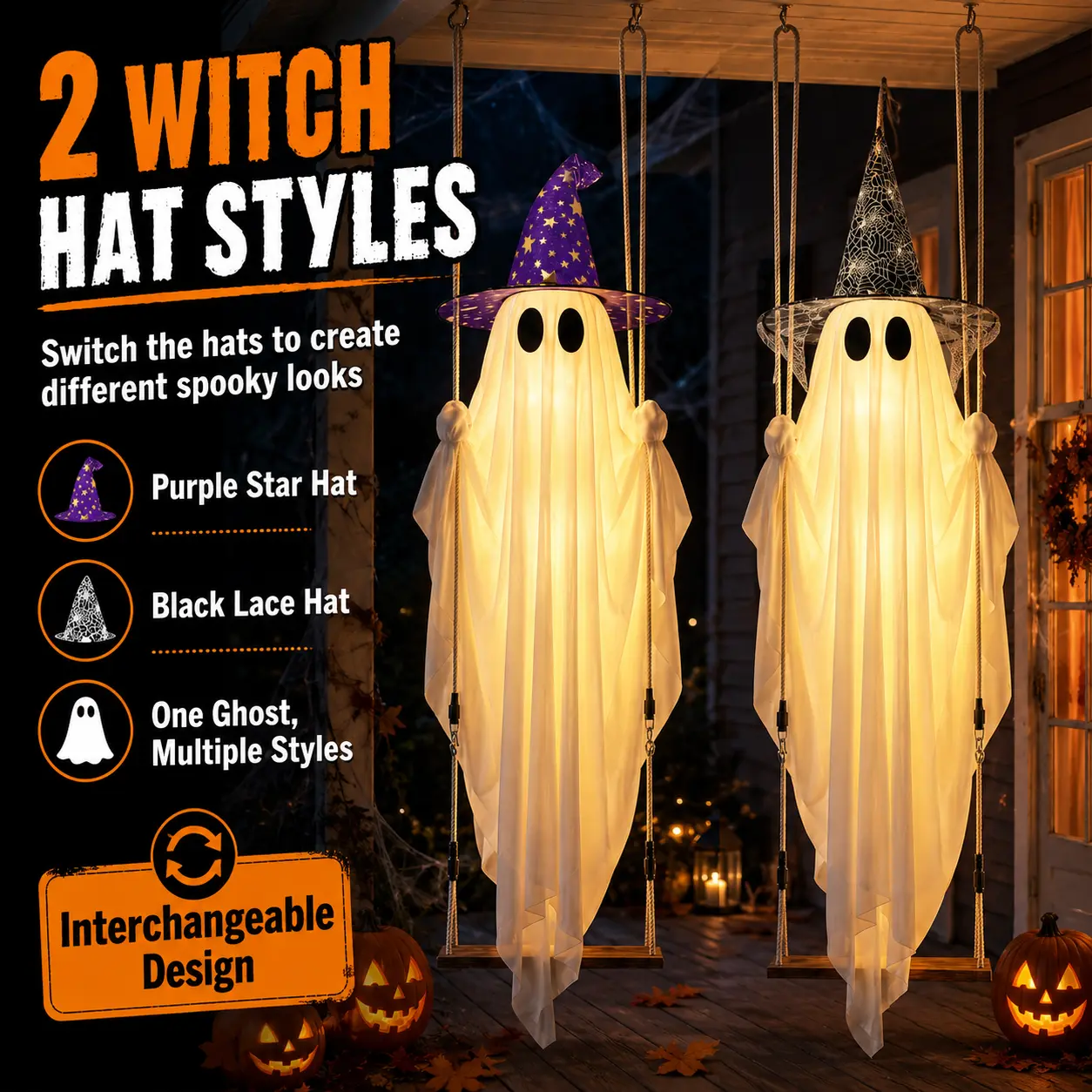 13FT Lighted Hanging Ghost Swing Halloween Outdoor Decor, Large Glowing Ghost with 2 Witch Hats, 3 Bats, Remote Control, 8 Light Modes, Adjustable Rope for Porch Yard Tree Party Decorations