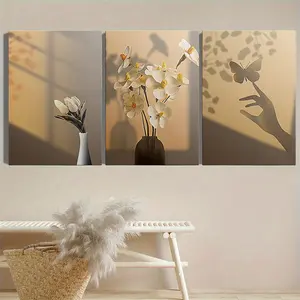 Three framed canvas paintings and posters, ready to hang, light and shadow art, butterfly and floral decoration - perfect for home decor, wall art, room decoration, home wall paintings, high-definition printing, ideal gift, living room, bedroom, dining ro