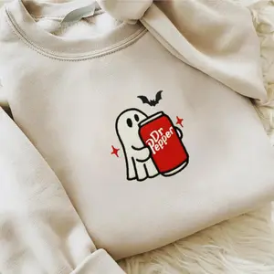 Embroidered Ghost Dr Soda Sweatshirt, Embroidered Cute Ghost, Soda Sweatshirt, Cute Ghost Sweatshirt, Halloween Crewneck, Halloween Sweatshirt