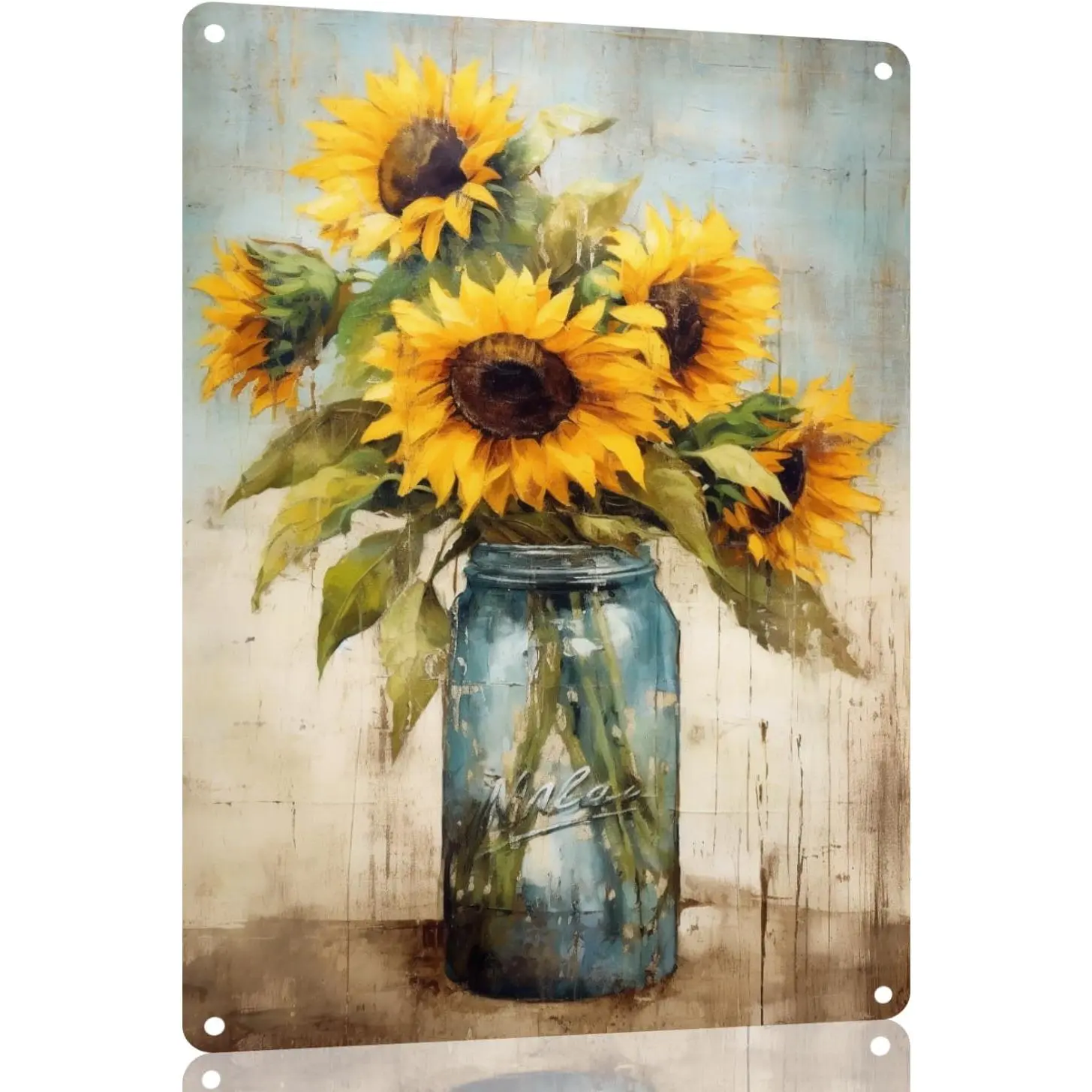 Sturdy Durable Recyclable Steel Tin Sign - Sunflower Floral Bouquet Jar Design Farmhouse Wall Decor, Screw-Mounted Home Kitchen Club Door Plaque Poster, Bright Color Home Supplies Gift