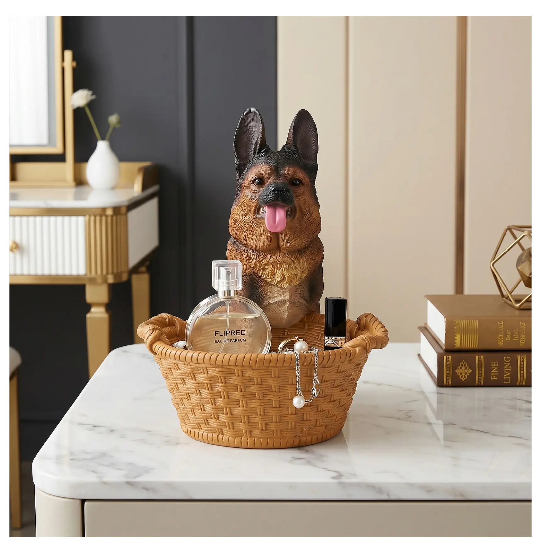 German Shepherd Statue with Key Bowl - Realistic Alsatian Figurine, Resin Dog Sculpture for Home Decor, GSD Lover Gift Black+Brown + Resin