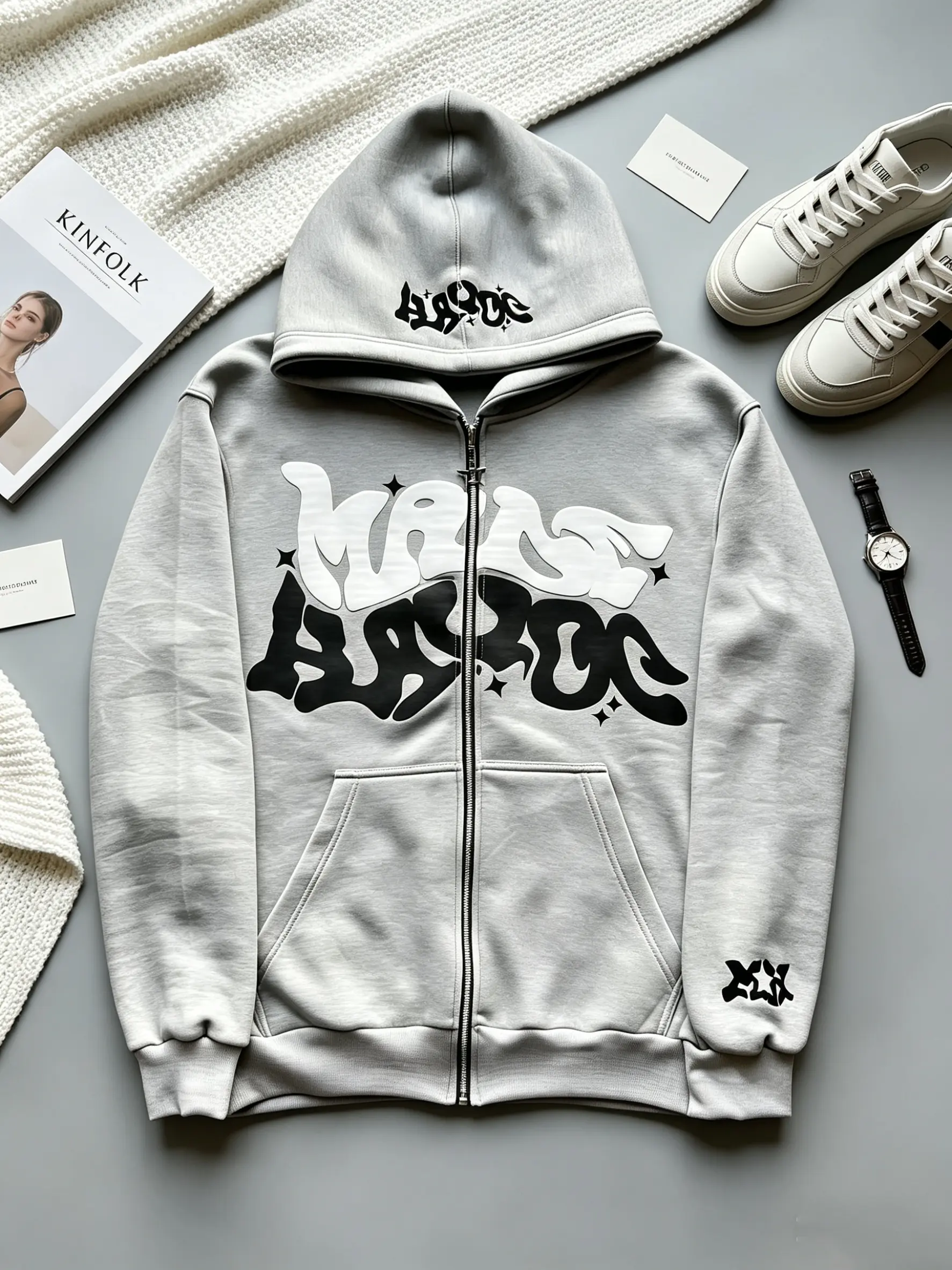 Menswear Y2K Retro Star & Letter Printed Full-Zip Hoodie - Long-Sleeve Loose Hooded Top with Zipper Pockets, Patches - Harajuku Hip Hop Street Casual Spring/Fall Style