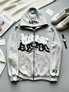 Menswear Y2K Retro Star & Letter Printed Full-Zip Hoodie - Long-Sleeve Loose Hooded Top with Zipper Pockets, Patches - Harajuku Hip Hop Street Casual Spring/Fall Style