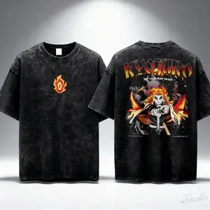 Demon Slayer Kyojuro Rengoku Flame Hashira Anime T Shirt Mineral Wash Double Sided Graphic Tee Soft Cotton Oversized Top Trendy Streetwear Casual Daily Wear Stylish Outfit For Anime Enthusiasts