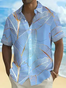 Men'S Summer Collared Tropical Casual Fitted Shirt with Leaf Graphic Design, a Trendy Short-Sleeve Casual Option for Men.