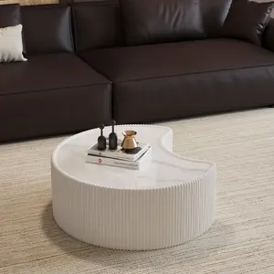 29.53*29.53*14.96 Inch Cream White Irregular Sintered Stone Coffee Table, PU Leather Wrap MDF Base Modern Minimalist Round Sofa Table, Unique Grey Vein Tabletop No Assembly Needed for Living Room Bedroom Home Office