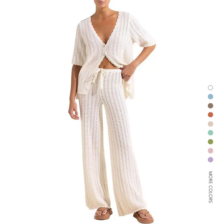 Women's 2-Piece Chic Beach Outfits - Short-Sleeve Crochet Knit Cardigan Top, Long Pants, Breathable Fabric Clothes Set, 2 Piece Sets, Women's Matching Sets