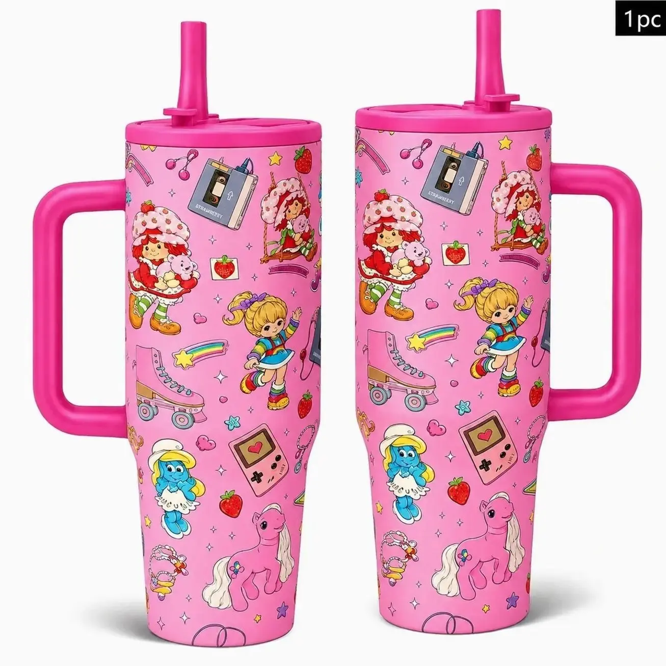 1PC 40oz Pink Retro Cartoon Girl Strawberry Pony Roller Skate Pattern Insulated Tumbler with Handle & Straw, Double Wall Vacuum Leak-Proof Travel Mug, Hot 12H Cold 24H, Large Capacity Cup for Men Women Teens, Birthday Christmas Gift